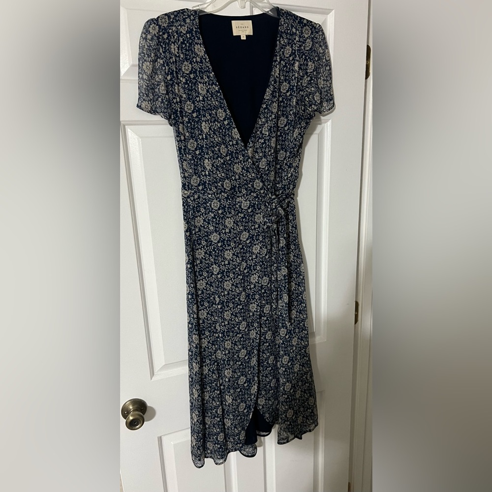 Sezane blue floral wrap midi dress